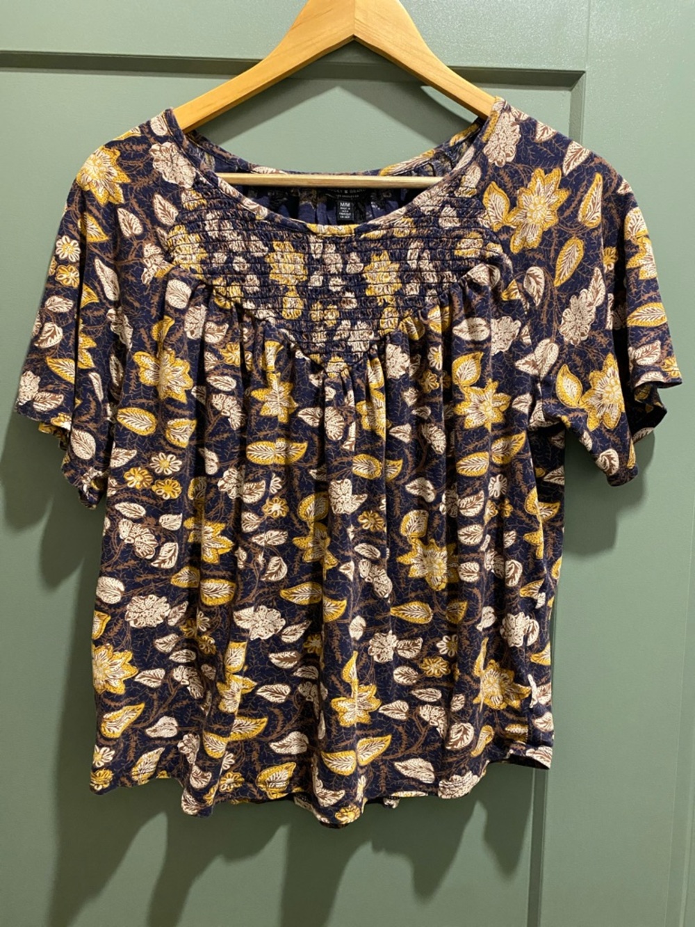 Lucky Brand Navy Floral Smocked Yoke Short Sleeve Top